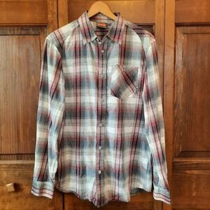 Merrell 100% cotton red gray plaid print button up shirt
